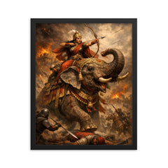 Rani Durgavati on elephant during last battle framed print on a plain backdrop in size 16"x20".