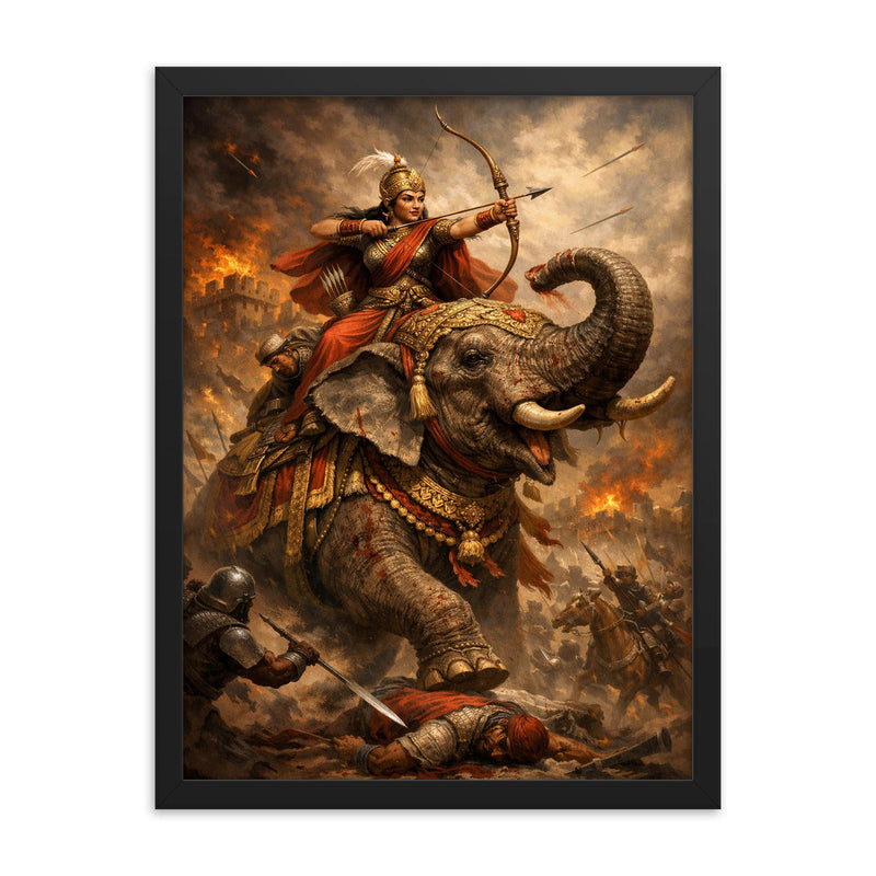 Rani Durgavati on elephant during last battle framed print on a plain backdrop in size 18