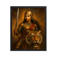 Rani Durgavati tiger hunt armor portrait framed print on a plain backdrop in size 16"x20".