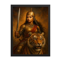 Rani Durgavati tiger hunt armor portrait framed print on a plain backdrop in size 18"x24".