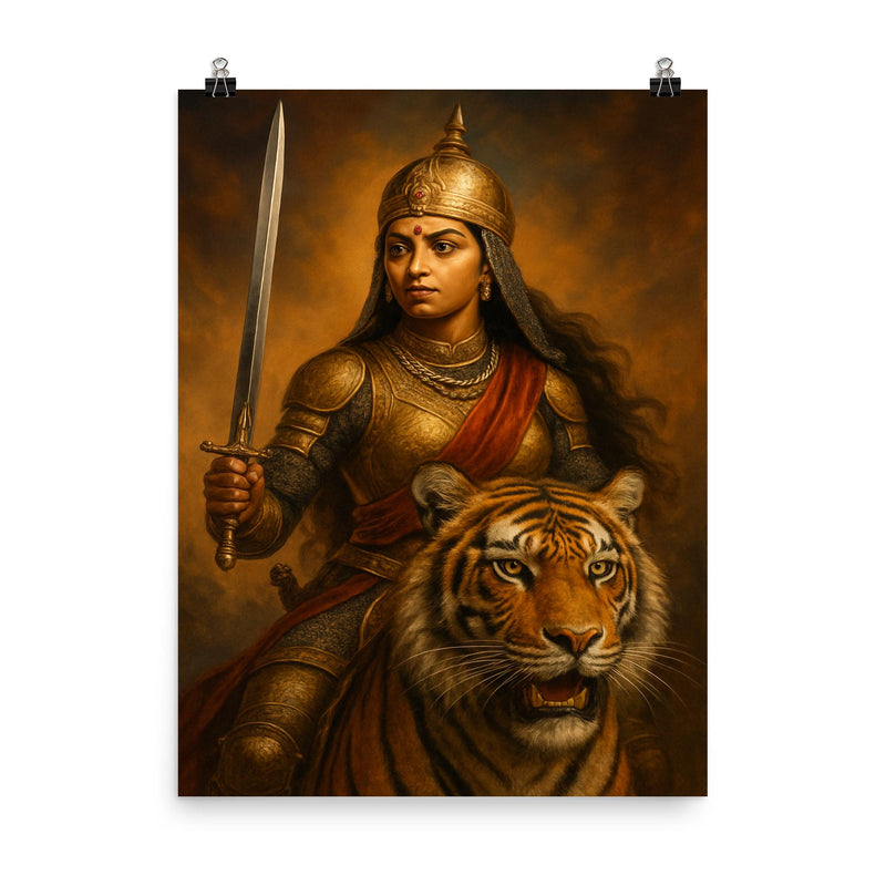 Rani Durgavati tiger hunt armor portrait poster on a plain backdrop in size 8