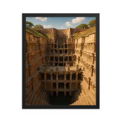 Rani ki Vav Stepwell India framed print on a plain backdrop in size 16"x20".