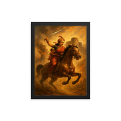 Rani Lakshmibai charging from Jhansi fort framed print on a plain backdrop in size 12"x16".
