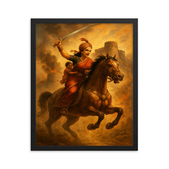 Rani Lakshmibai charging from Jhansi fort framed print on a plain backdrop in size 16"x20".