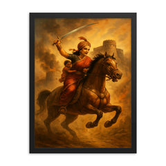 Rani Lakshmibai charging from Jhansi fort framed print on a plain backdrop in size 18"x24".
