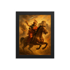 Rani Lakshmibai charging from Jhansi fort framed print on a plain backdrop in size 8"x10".