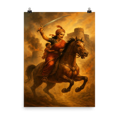 Rani Lakshmibai charging from Jhansi fort poster on a plain backdrop in size 8"x10".