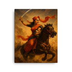 Rani Lakshmibai charging into battle with infant canvas print on a plain backdrop in size 16"x20".