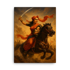 Rani Lakshmibai charging into battle with infant canvas print on a plain backdrop in size 18"x24".