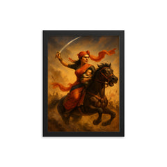 Rani Lakshmibai charging into battle with infant framed print on a plain backdrop in size 12"x16".