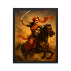 Rani Lakshmibai charging into battle with infant framed print on a plain backdrop in size 16"x20".