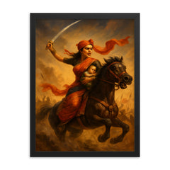 Rani Lakshmibai charging into battle with infant framed print on a plain backdrop in size 18"x24".