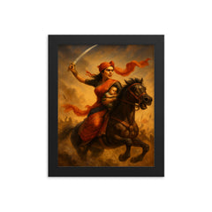 Rani Lakshmibai charging into battle with infant framed print on a plain backdrop in size 8"x10".