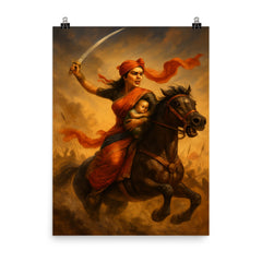 Rani Lakshmibai charging into battle with infant poster on a plain backdrop in size 8"x10".