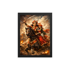 Rani Lakshmibai charging on horseback with child framed print on a plain backdrop in size 12"x16".