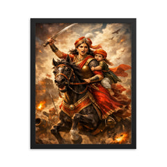 Rani Lakshmibai charging on horseback with child framed print on a plain backdrop in size 16"x20".