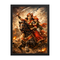 Rani Lakshmibai charging on horseback with child framed print on a plain backdrop in size 18"x24".