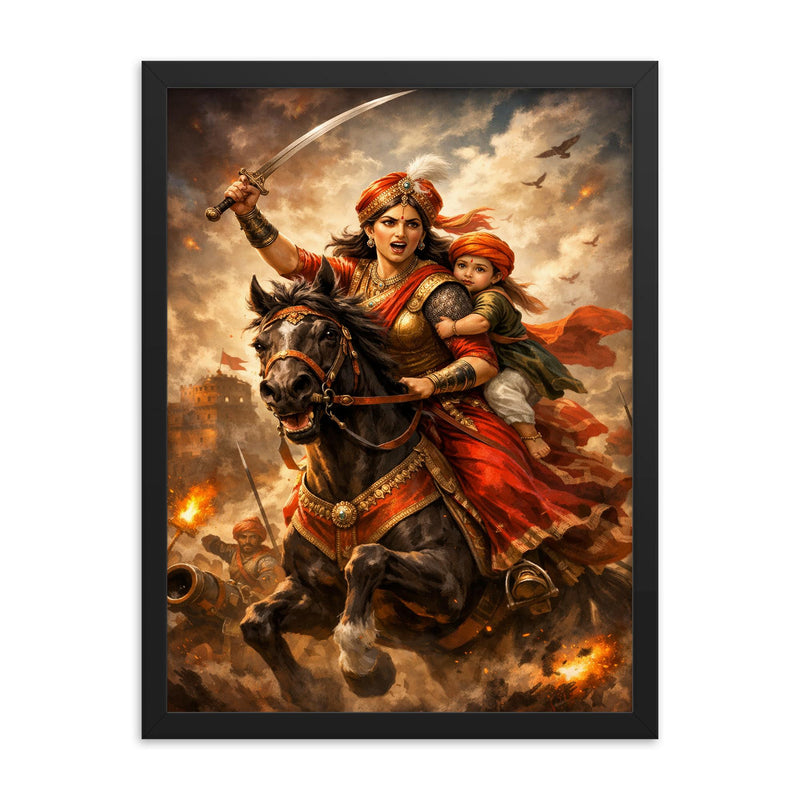 Rani Lakshmibai charging on horseback with child framed print on a plain backdrop in size 18