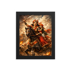 Rani Lakshmibai charging on horseback with child framed print on a plain backdrop in size 8"x10".