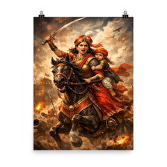 Rani Lakshmibai charging on horseback with child poster on a plain backdrop in size 8"x10".