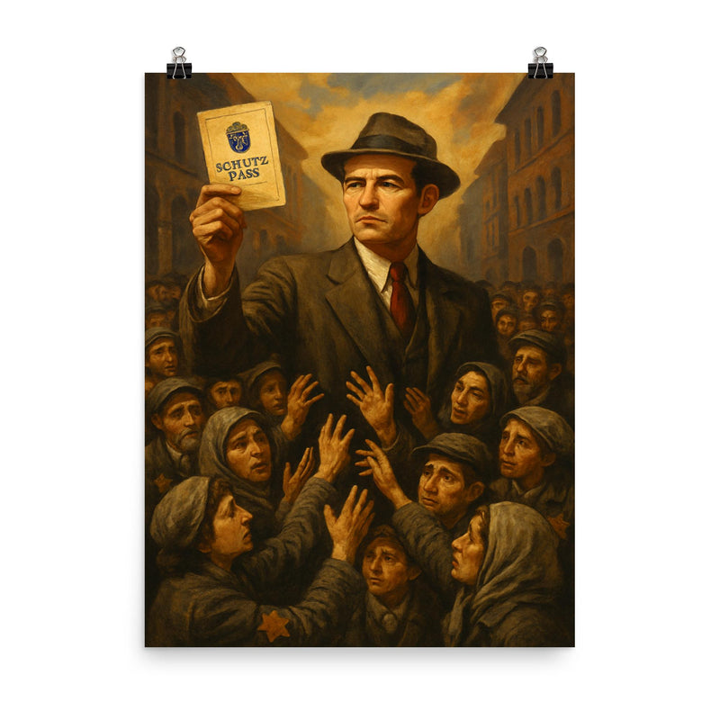 Raoul Wallenberg and safe passport crowd poster on a plain backdrop in size 8