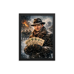 Raoul Wallenberg with protective passports in snow framed print on a plain backdrop in size 12"x16".