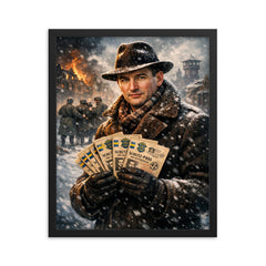 Raoul Wallenberg with protective passports in snow framed print on a plain backdrop in size 16"x20".
