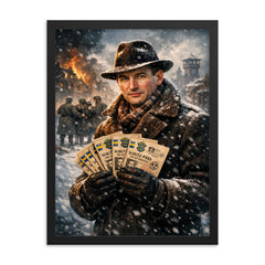 Raoul Wallenberg with protective passports in snow framed print on a plain backdrop in size 18"x24".