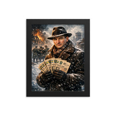 Raoul Wallenberg with protective passports in snow framed print on a plain backdrop in size 8"x10".