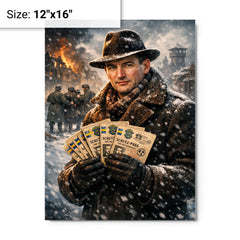 Raoul Wallenberg with protective passports in snow metal print on a plain backdrop in size 12"x16".