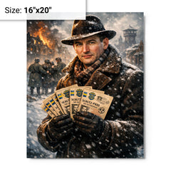 Raoul Wallenberg with protective passports in snow metal print on a plain backdrop in size 16"x20".