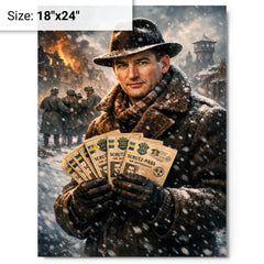 Raoul Wallenberg with protective passports in snow metal print on a plain backdrop in size 18"x24".