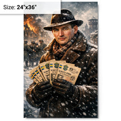 Raoul Wallenberg with protective passports in snow metal print on a plain backdrop in size 24"x36".