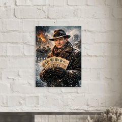 Raoul Wallenberg with protective passports in snow metal print mockup