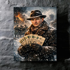 Raoul Wallenberg with protective passports in snow metal print mockup