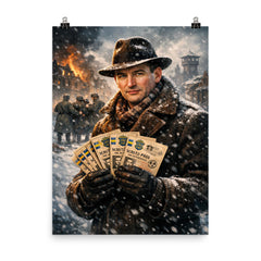 Raoul Wallenberg with protective passports in snow poster on a plain backdrop in size 8"x10".