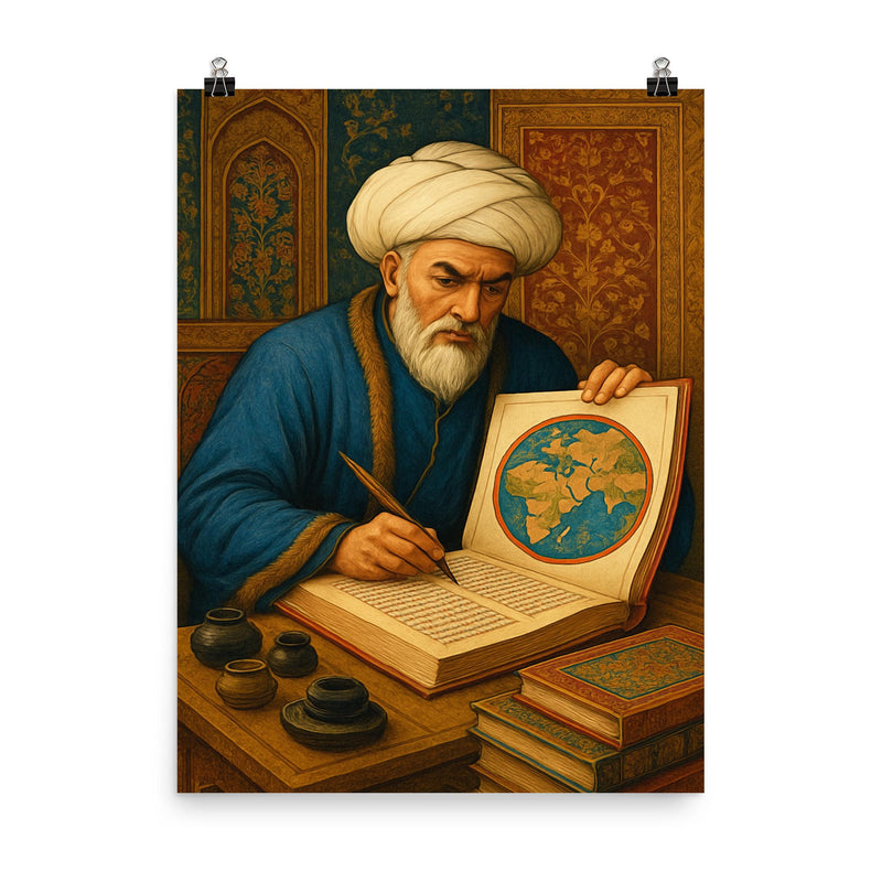 Rashid al Din assembling a world chronicle poster on a plain backdrop in size 8