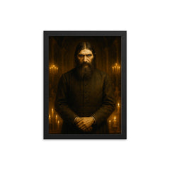 Rasputin in candlelit court with icy stare framed print on a plain backdrop in size 12"x16".