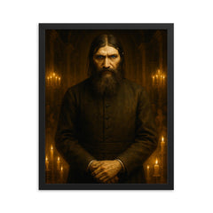 Rasputin in candlelit court with icy stare framed print on a plain backdrop in size 16"x20".