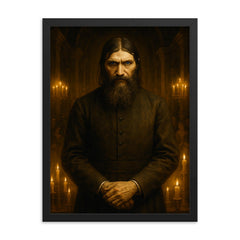 Rasputin in candlelit court with icy stare framed print on a plain backdrop in size 18"x24".