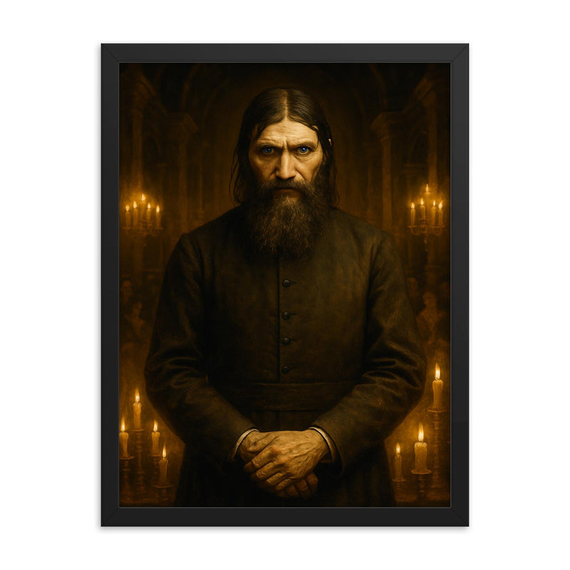 Rasputin in candlelit court with icy stare framed print on a plain backdrop in size 18