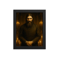 Rasputin in candlelit court with icy stare framed print on a plain backdrop in size 8"x10".