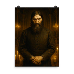 Rasputin in candlelit court with icy stare poster on a plain backdrop in size 8"x10".