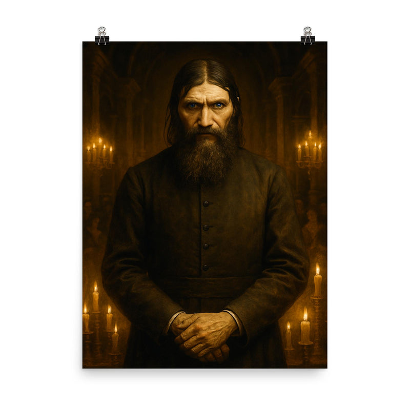 Rasputin in candlelit court with icy stare poster on a plain backdrop in size 8