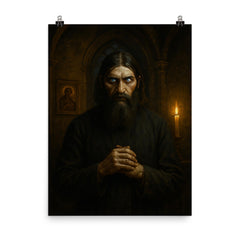 Rasputin in lamplit chapel with piercing eyes poster on a plain backdrop in size 8"x10".