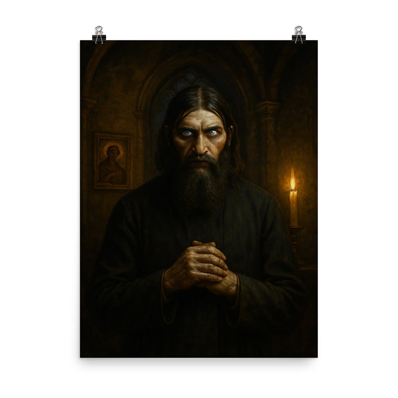 Rasputin in lamplit chapel with piercing eyes poster on a plain backdrop in size 8