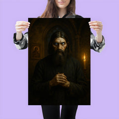 Rasputin in lamplit chapel with piercing eyes poster 3