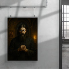 Rasputin in lamplit chapel with piercing eyes poster 4