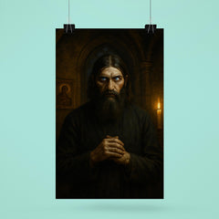 Rasputin in lamplit chapel with piercing eyes poster 6