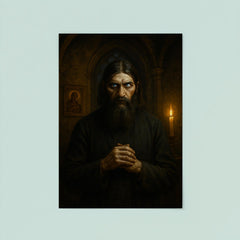 Rasputin in lamplit chapel with piercing eyes poster 8